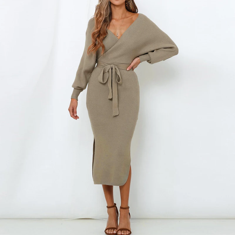 

New Sweater Midi Dress for Women Solid Color Double V-Neck Pullover Autumn Winter with Slits Lace Up Sexy Fashion Long Sleeve