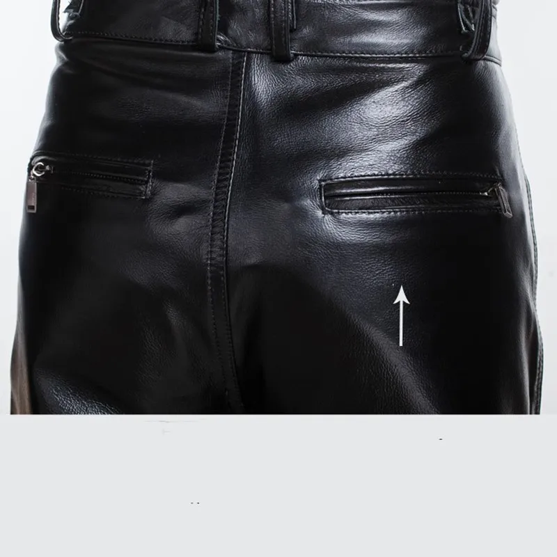 Men's Genuine Leather Straight Pants Zipper, Mid-Rise, Warm, Casual, Full Length, Autumn, Winter