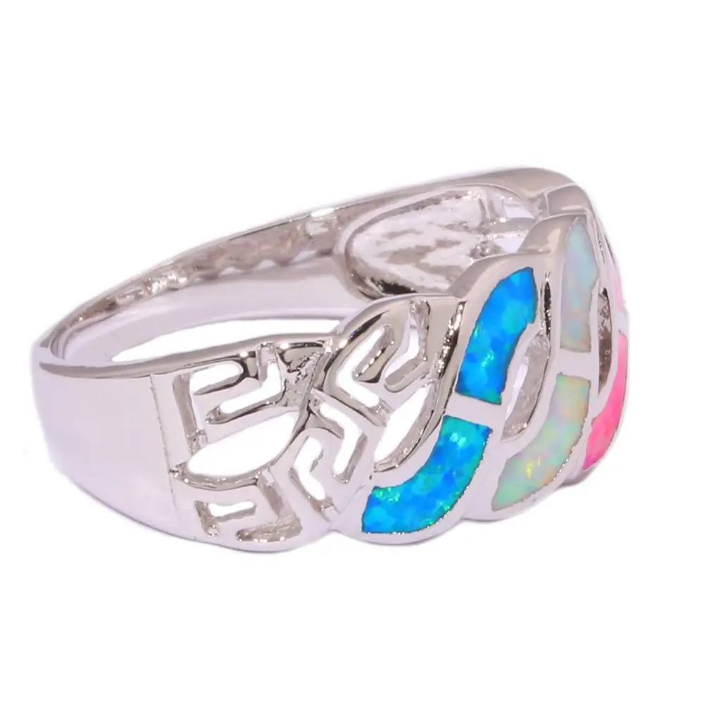 CiNily Created Blue White Pink Fire Opal Hollow Rings Silver Plated Ring Retail Fashion Jewelry for Women Wedding Ring Size 5-11