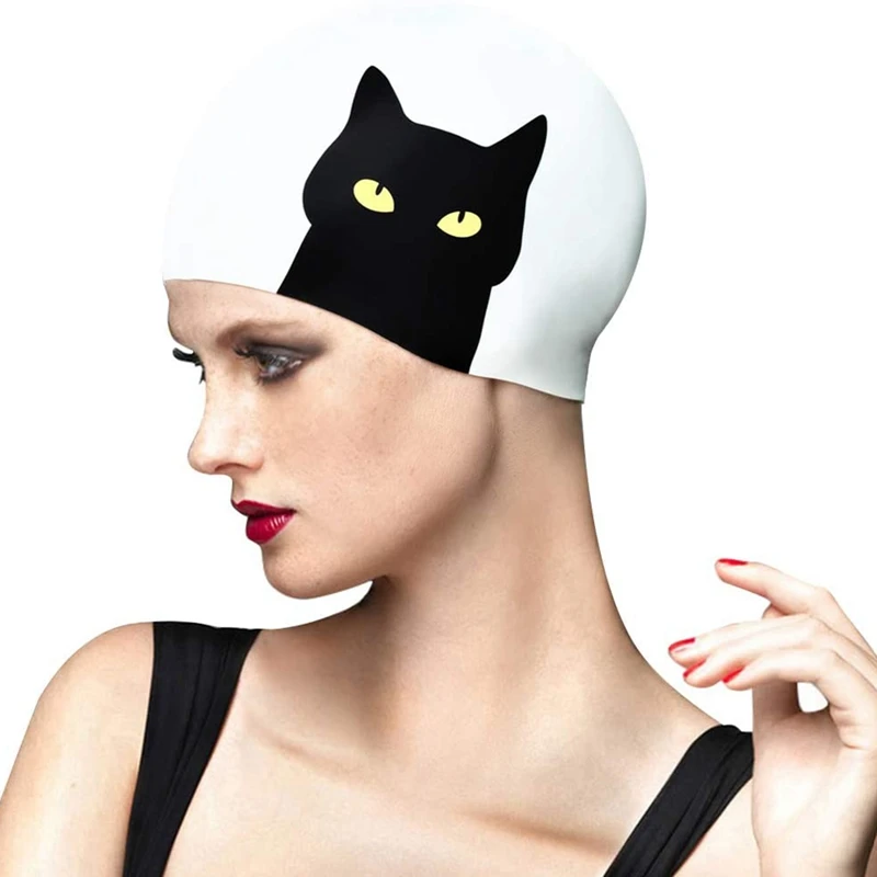 Gorro de natación de gato de dibujos animados engrosado, elástico de silicona, impermeable, orejas de pelo largo, protege la personalidad, gorros de baño para mujeres y niñas