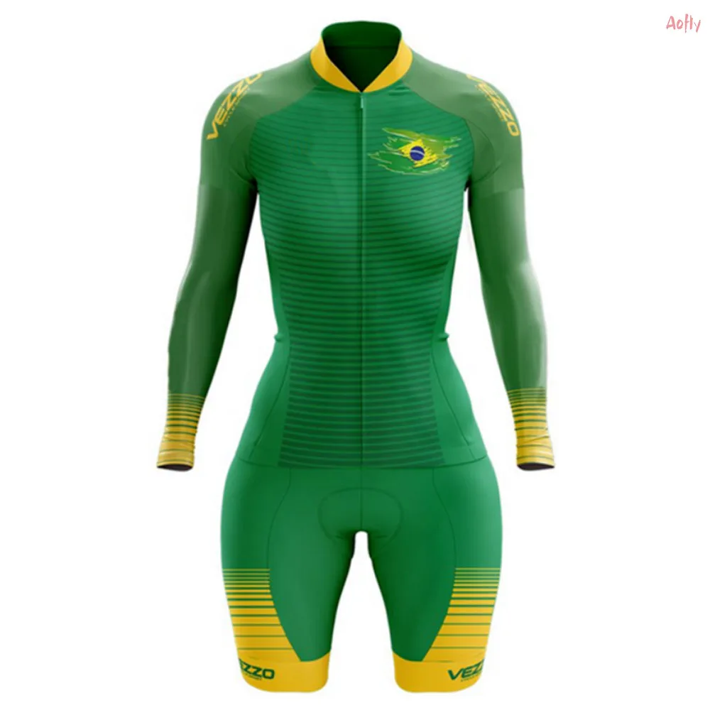 

VEZZO Green Cycling Clothes Triathlon Skinsuit Sets Women's Macacao Ciclismo Feminino Go Pro Team Bicycle Jumpsuit Kits Summer