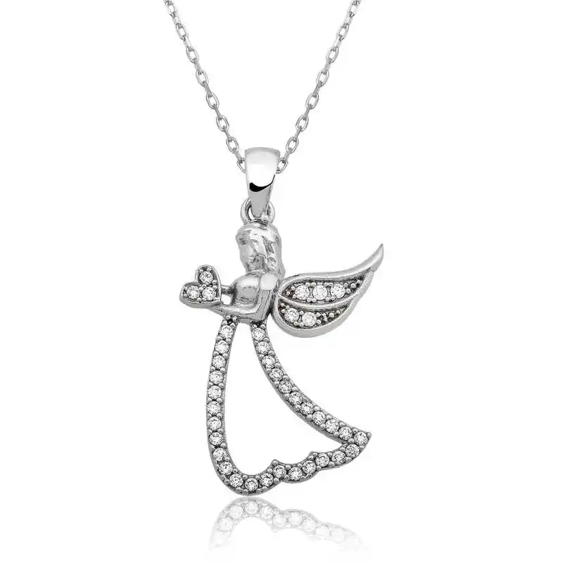 Silver Winged Angel Necklace Zircon ​Stone 925 Sterling Women Fine Jewelry Wedding Party Birthday Gift - Box - Pendant - Chain Choker - Female - Ladies - Fashio