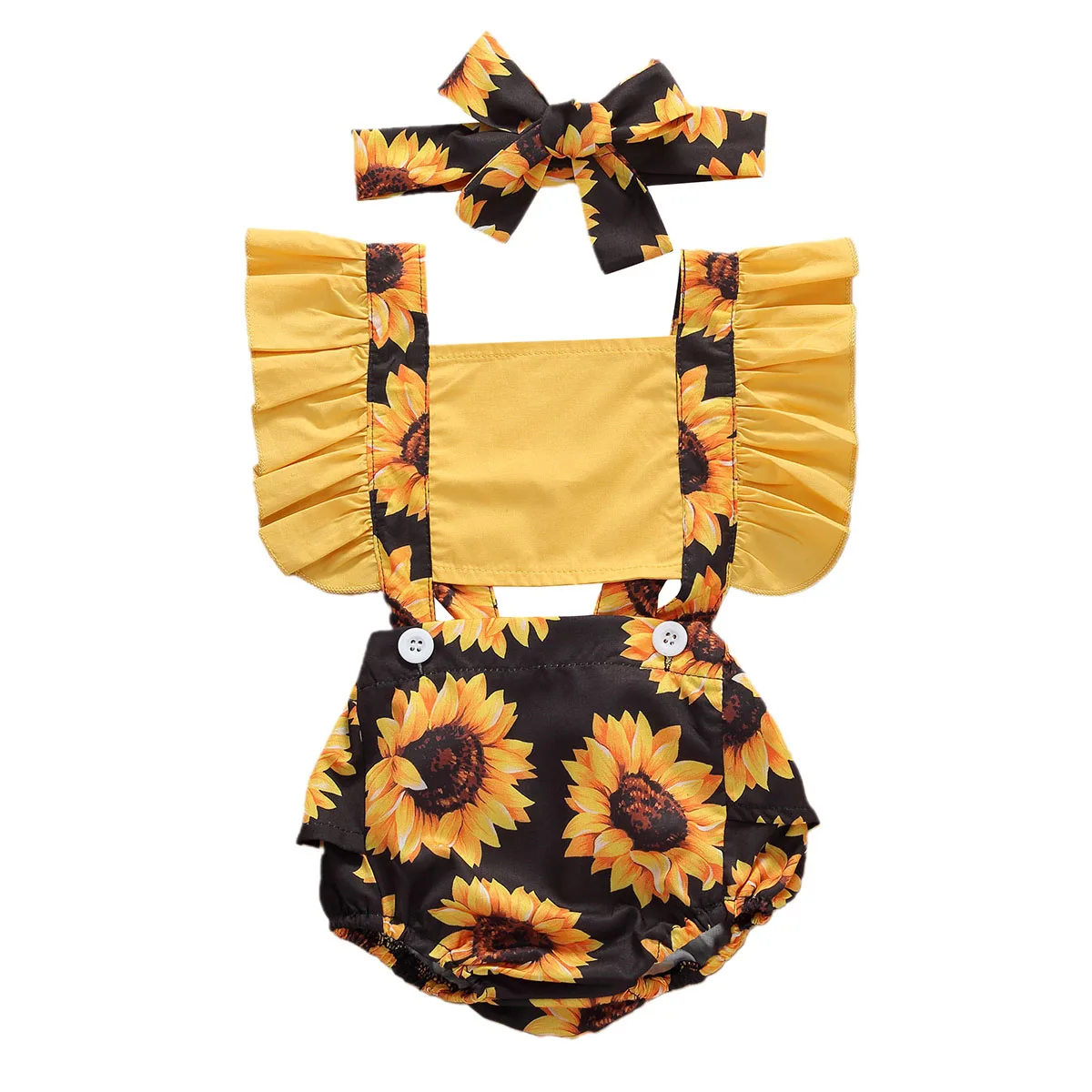 

Infant Baby Girls Boys Rompers Summer 2pcs Sunflowers Bodysuits Ruffles Sleeve Jumpsuits Headband Clothes Set 0-24Months