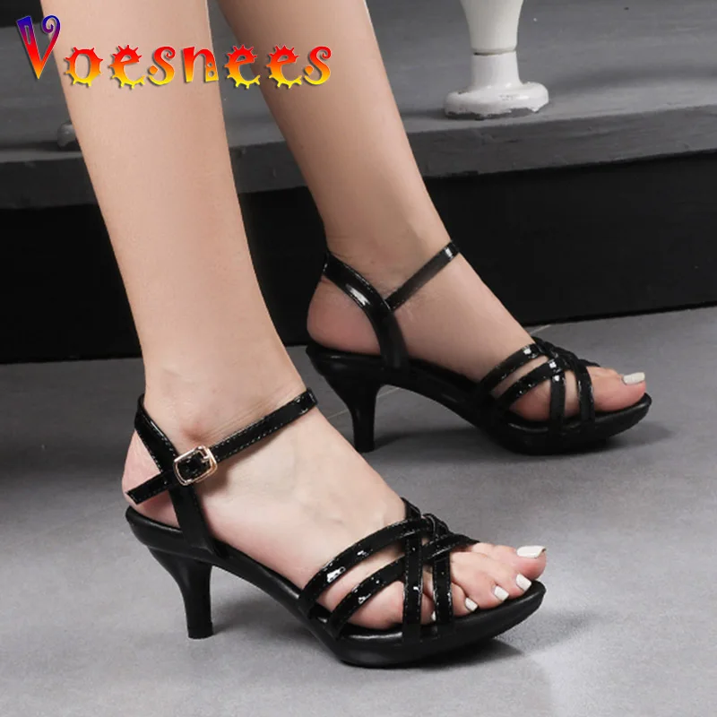 Women Heeled Shoes 2021 Summer Simple Style 6CM Thin Strap Sandal Sexy Peep Toe Fashion Brand Lady Buckle Strap Sandals Size 43