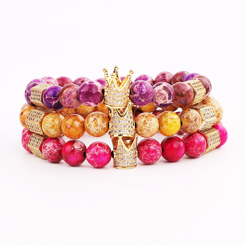 High Quality Women Jewelry Bracelet CZ Micro Pave Crown Charm Beaded Bracelet Imperial Stone Elastic Bracelet Women