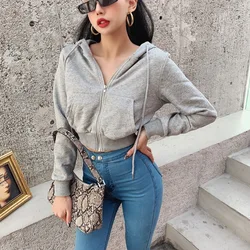 Front Pockets Zip Up Hoodies Women Spring Fall Solid Color Crop Top Casual Sweatshirt Ladies White Black Cropped Hooded