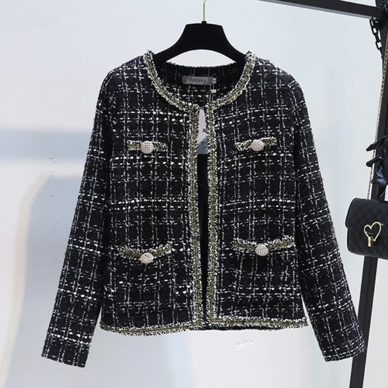 

Women Open Front O-Neck Fashion Fringed Plaid Tweed Jacket Coat Ladies Casual Office Short Tops Outerwear