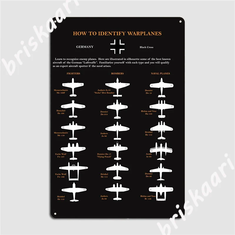 Identify Warplanes Germany Metal Sign Wall Plaque Retro Bar Cave Cinema Garage Tin Sign Posters