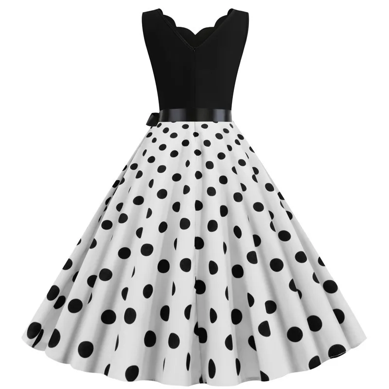 Polka Dot Print Women Summer Dress Black Patchwork Sleeveless V Neck Elegant Vintage Party Casual Midi Dress