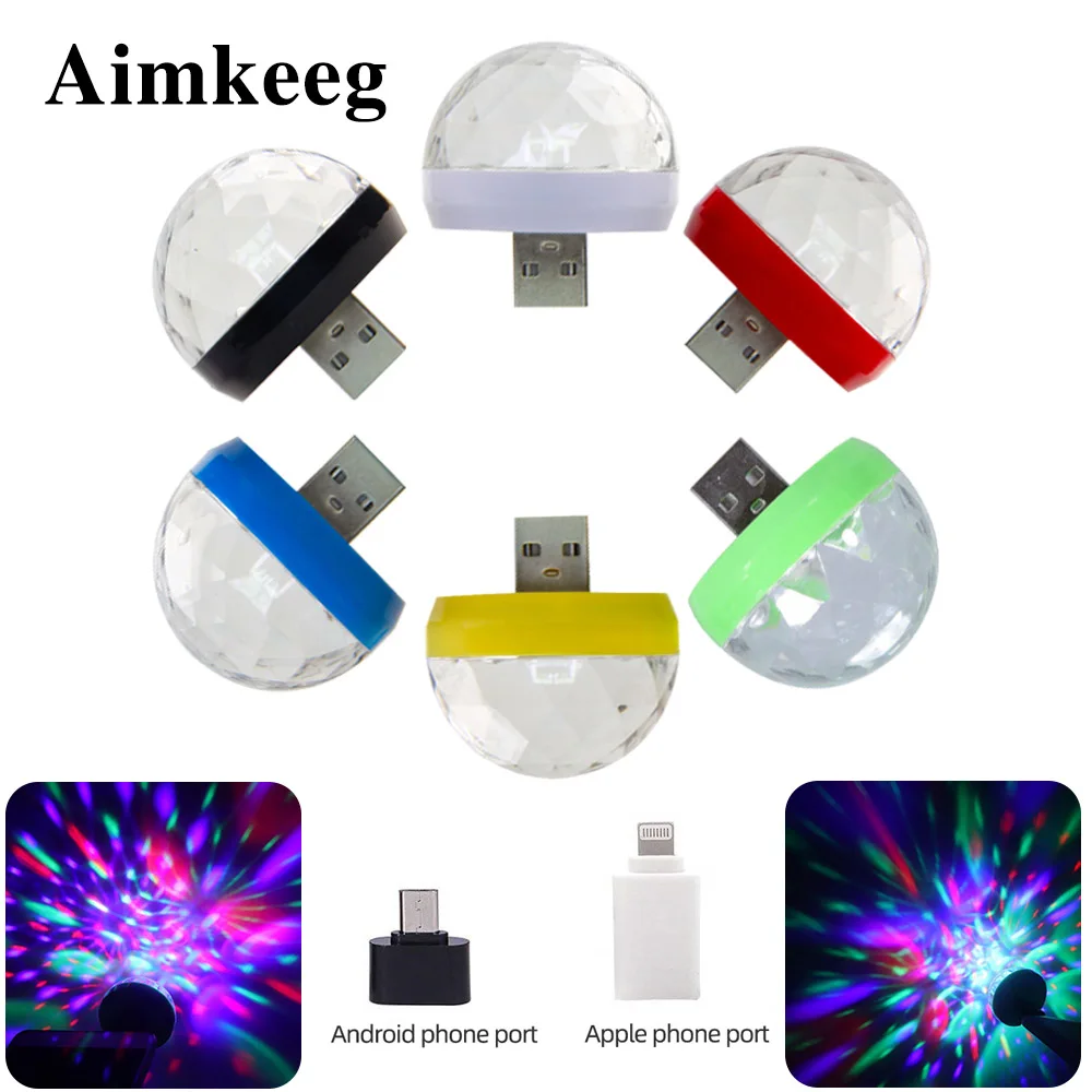 Aimkeeg  Mini USB LED Party Lights Portable Crystal Magic Ball RGB Stage Effect Lamp Sound Control Projector for Mobile Phone