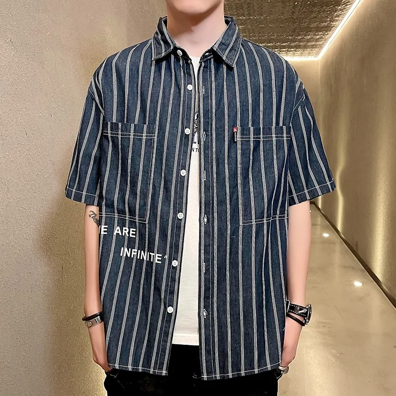 

Men's Daily Shirt trend High Quality Fashion Chic Simplicity Cotton Short Sleeve Square Collar Casual Retro Stripe Cardigan Thin