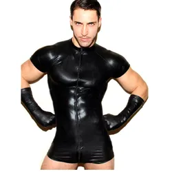 Mens Black Mesh Patent Leather Zipper Bodysuit Sexy Short Sleeve Open Crotch Skin Tight Catsuit Male Clubwear Costume Plus Size