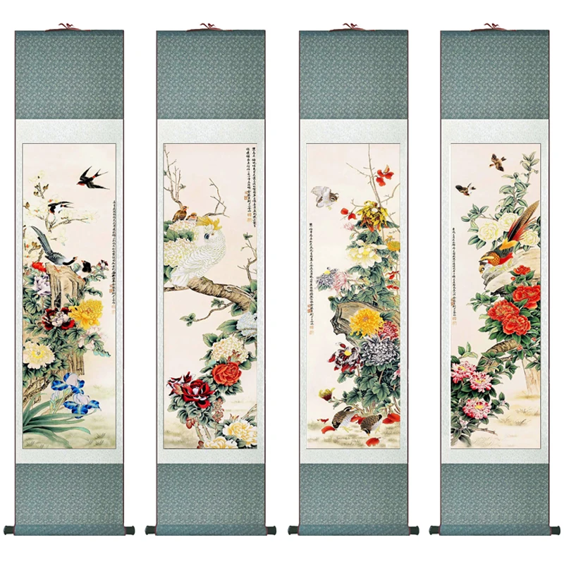 4pc/lot flower painting  silk  scroll painting  traditional  flower painting Chinese flower picture In wash painting  2017052315