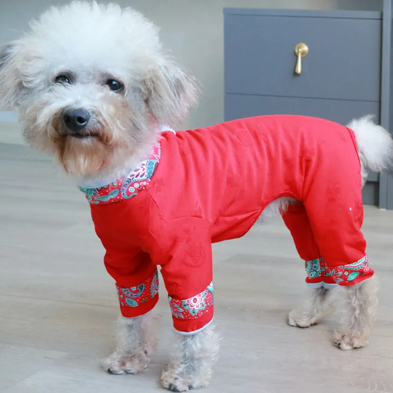 Pet Dog Jumpsuit Puppy Clothes Thin 100%Cotton Overalls For Small Dogs Stretchy Pajamas Chihuahua Poodle Chinese Style Home Wear