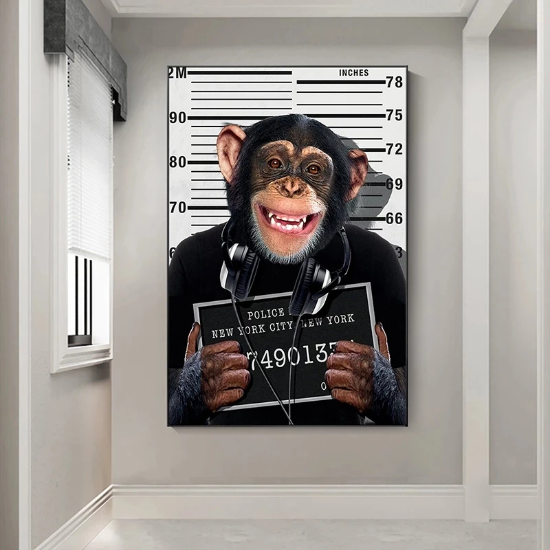 Fun Art Criminal Monkey Canvas Painting Posters and Prints Animals Decorative Picture for Living Room Decor No Frame Cuadros