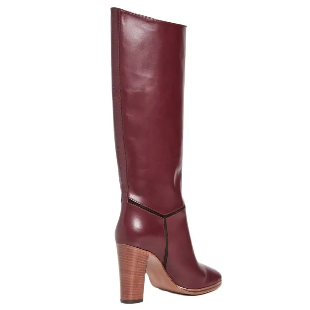 Burgundy Leather Knee High Boots Block High Heel Round Toe Slip On Runway Dress Women Shoes Square Heel Custom Made Shoes