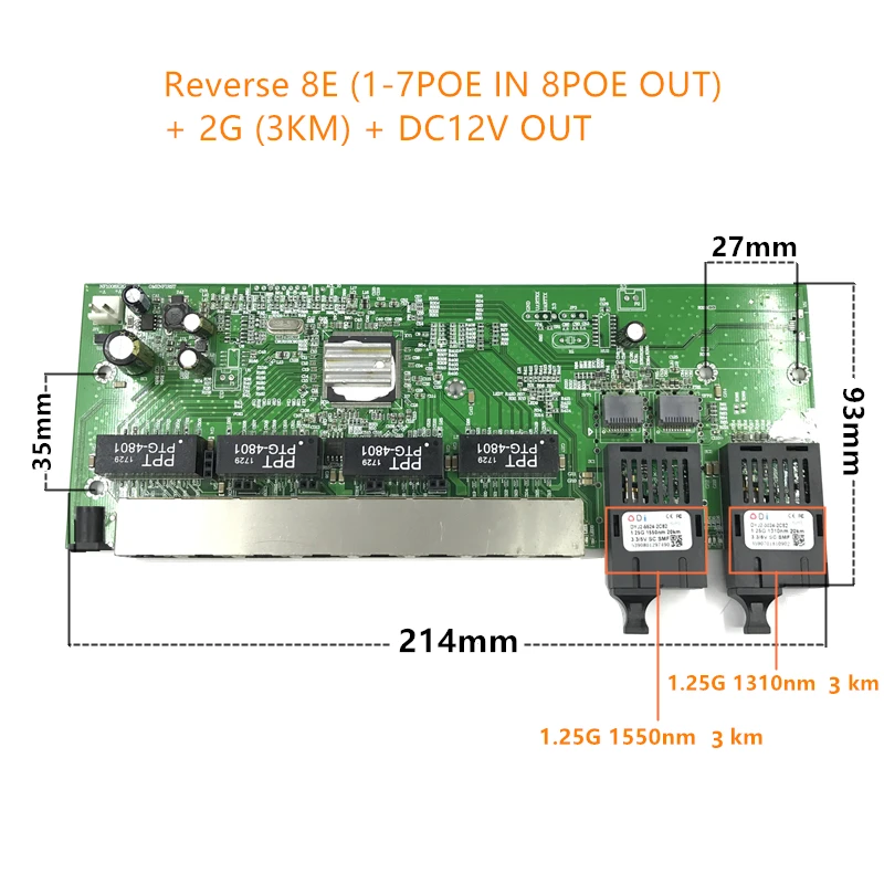 Reverse POE 10/100/1000M Gigabit Ethernet switch Ethernet Fiber Optical Single Mode 8 RJ45 UTP&2 SC fiber Port Board SFP3KM