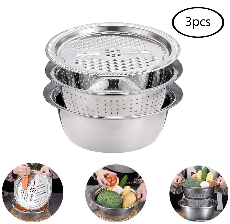 

3pcs Stainless Steel Drain Basket Kitchen Grater Multifunctional Vegetable Cutter Slicer Washing Filter Bowl with Drain Basin