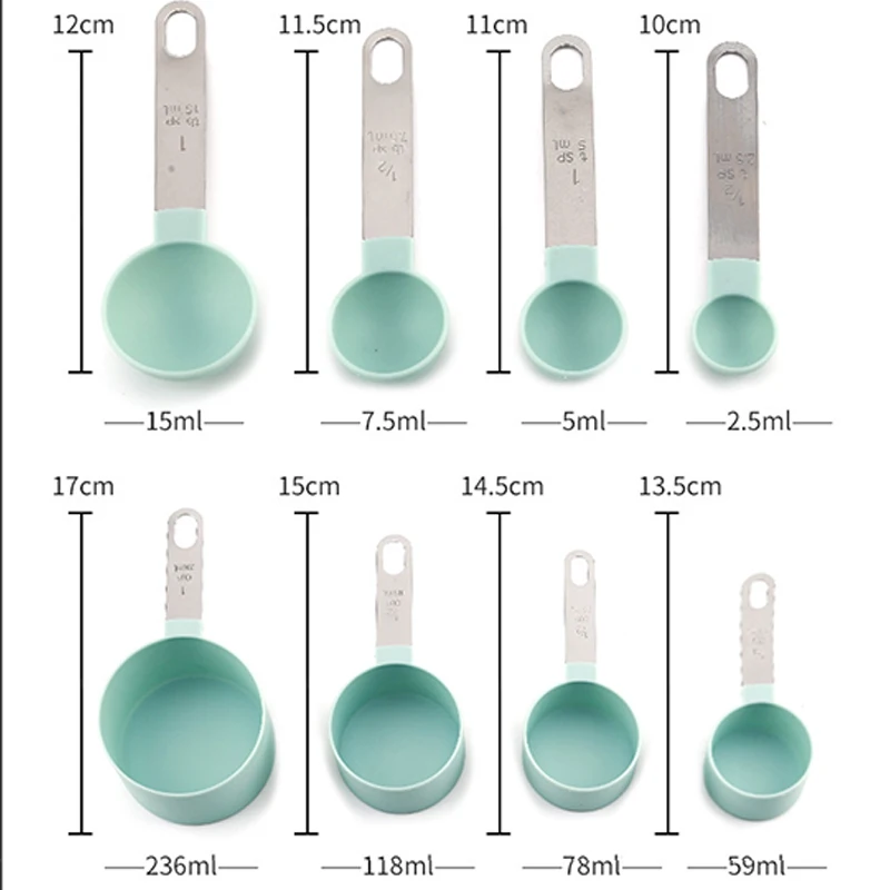 8 pcs Measuring Spoons And Cups Set Stackable Stain Plastic With Stainless Steel Handle Kitchen Baking Tool With Scale Utensils