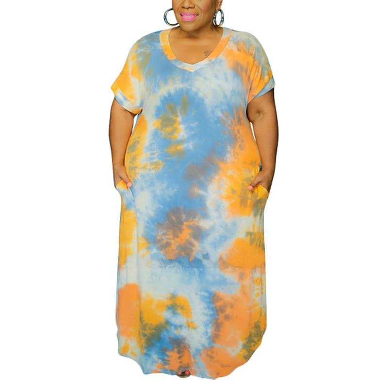 

Women's V-neck Short-Sleeved Tie-Dye Printing Dress, Loose Casual Dress, Large Size, 6XL, 10XL, bust 158cm, New