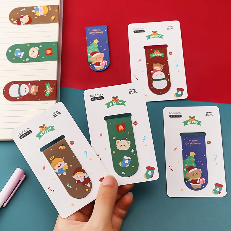 4 pcs/lot Kawaii Christmas Animals Exquisite Magnetic Bookmark Cute Stationery Bookmarks Page Flag School Office Supplies Gift