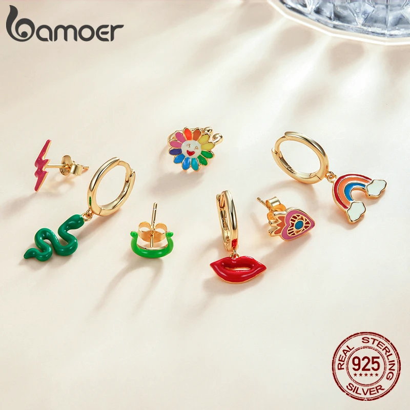 bamoer 1Piece Gold Enamel Rainbow Earring 925 Sterling Silver Love Eye Earring Red Lip Snake Sunflower Pink Lightning Earring