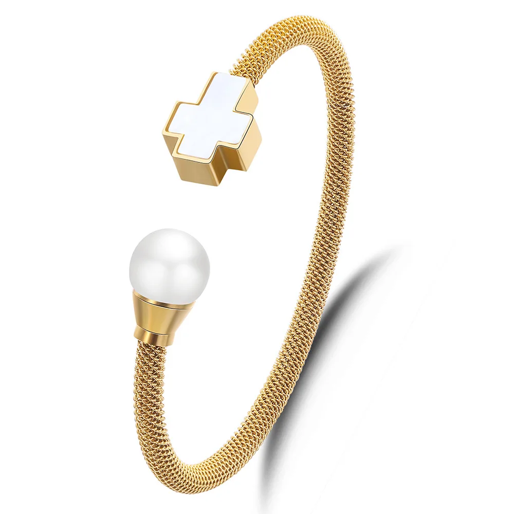 

Women's Stainless steel Bangles Femme Valentine's Day Gift 2022 Shell Cross Charm Open Cuff Bracelets Jewelry Accessories