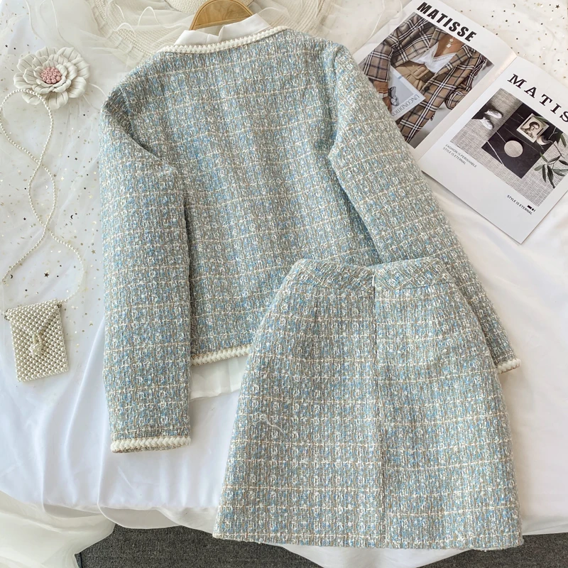 2024 Autumn 2 Pieces Set Elegant Fashion Vintage Plaid Tweed Long Sleeve Jackets Coat + Irregular A-Line Mini Skirts Femame Suit