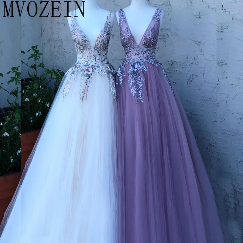 Mvozein-Robe de Bal Longue Élégante, Col en V Profond, Dentelle, Appliques, Tulle, Longueur au Sol, Robes de Soirée, 2023