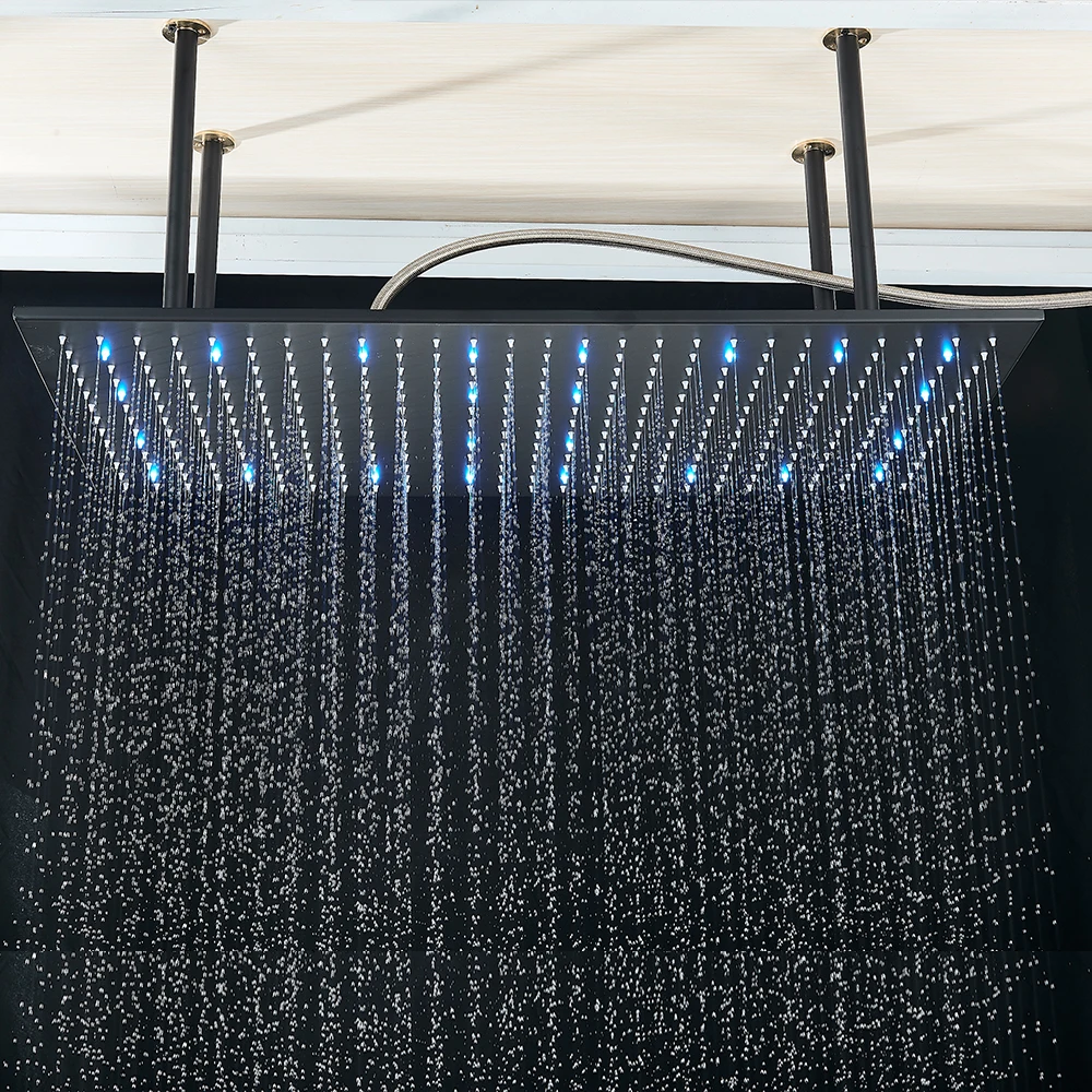 Rozin LED Matte Black Shower Head 40*80cm Large Size Rainfall Shower Heads  Ceiling Mounted with Installation Arm for Bathroom