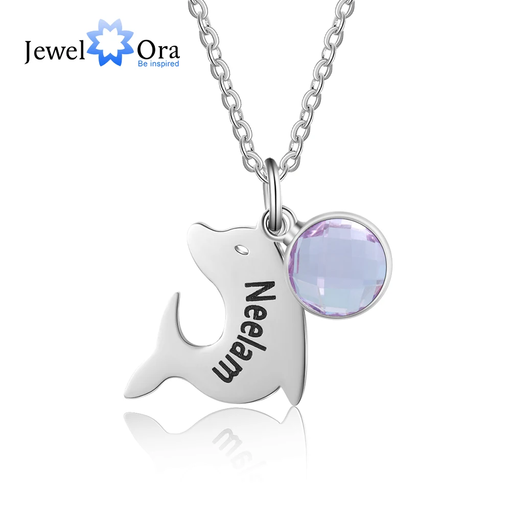 JewelOra Customized Birthstone Dolphin Pendants for Kids Personalized Engraving Name Children Necklace Birthday Gifts for Girls