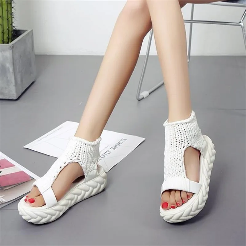 Knitted Elastic Sandals New Summer Shoes Women Fashion Mesh Open Toe Flat Sandals Sweet Hollow Slip-On Female Platform Shoes