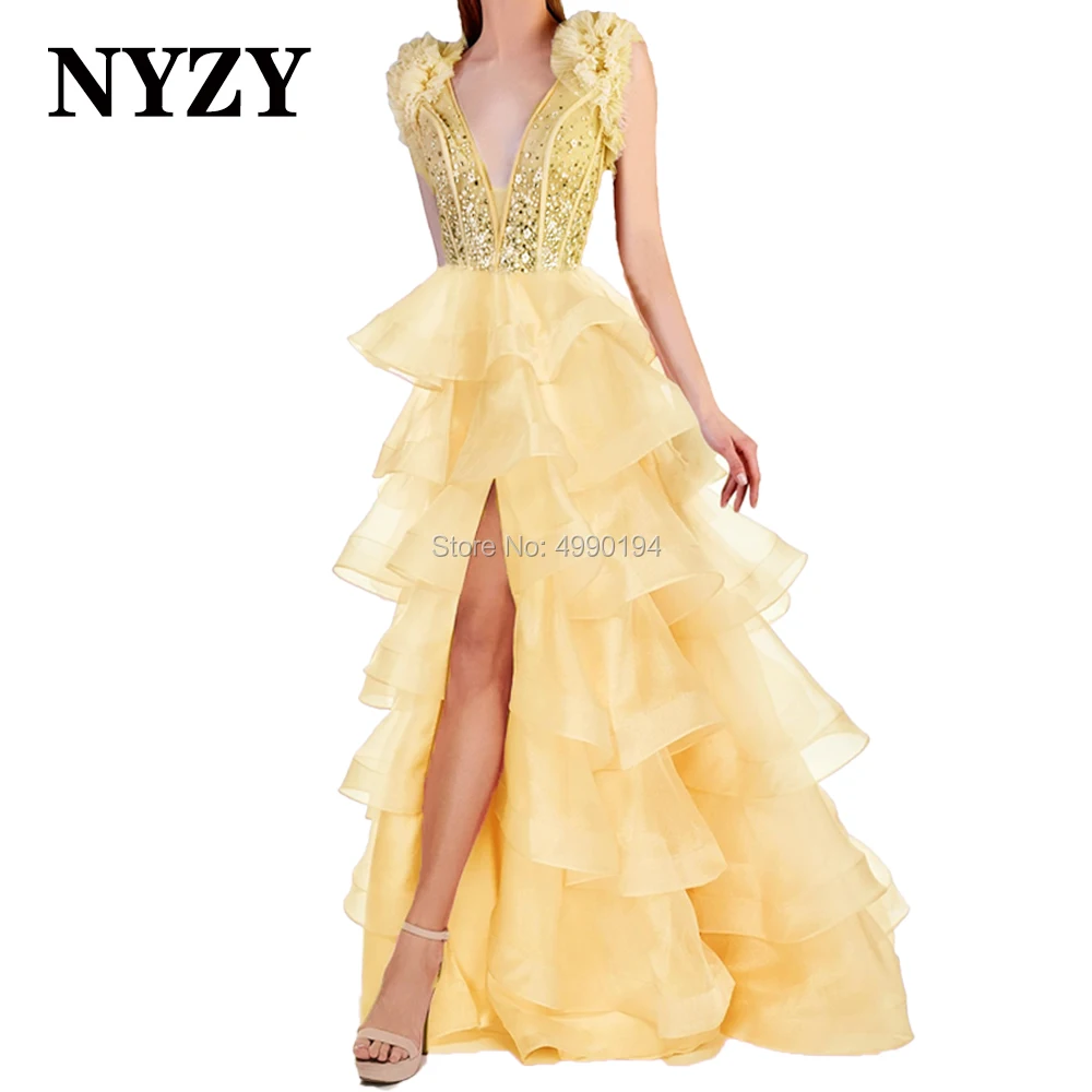 NYZY – Robe de soirée élégante rose, tenue de bal en Organza à volants, cristaux, mode, 2020, P103