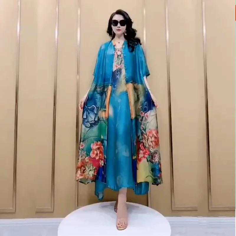 Fashion Printed Dress Two-Piece Women Spring Summer 2023 New Mother's Dresses Elegant Loose Oversize 5XL Suit Dresses Female