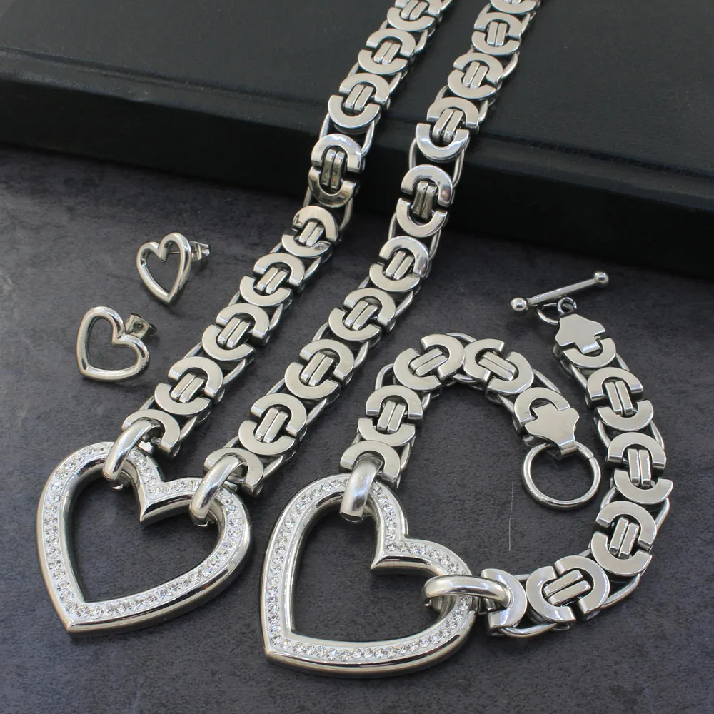 Fashion Stainless Steel Crystal Big Heart Chain Necklace Bracelet Jewelry Sets For Woman\'s Gift SCAZCKDF