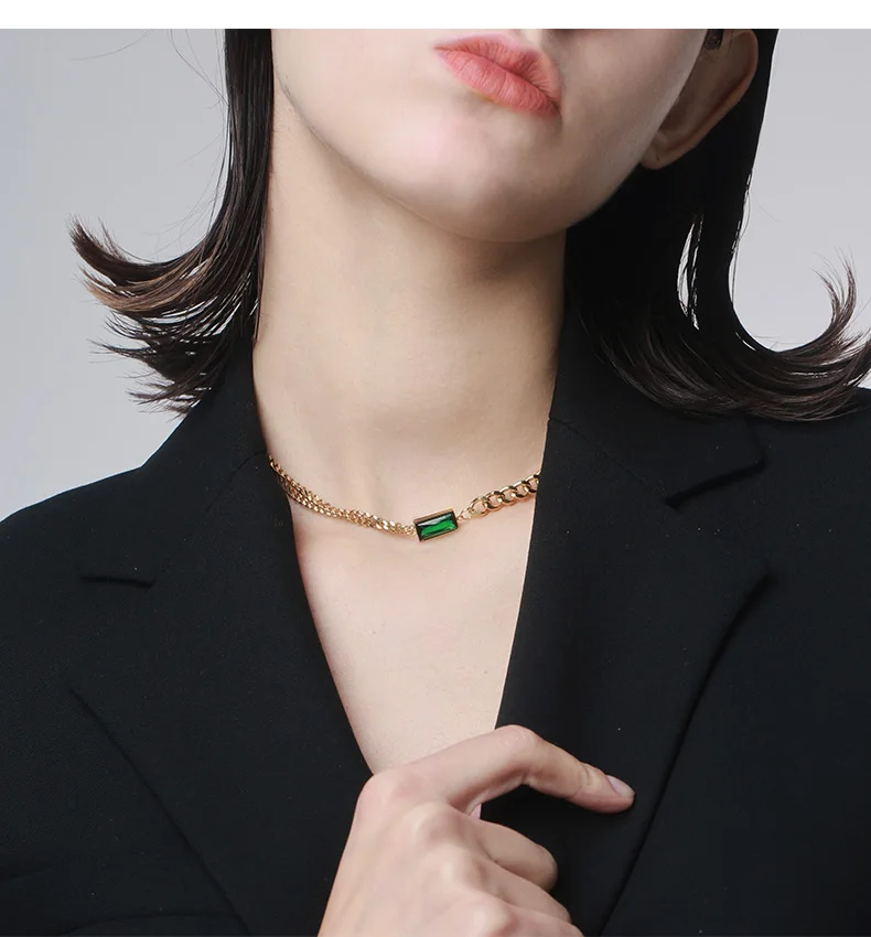 MEYRROYU Stainless Steel Emerald Green Zircon Necklace For Women Gold Color Chain Choker 2021 New Fashion Party Jewelry Gift