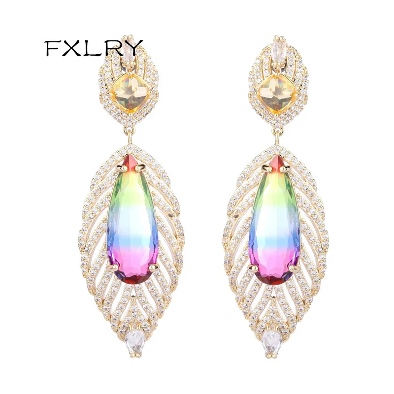 

FXLRY High Quality Big Cubic Zirconia Stone Leaf Plume Luxury Earring For Women Wedding Jewelry