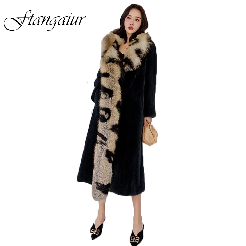 Ftangaiur New Winter Import Velvet Mink Fur Coat Golden Island Fox Fur Women Detachable Slim X-Long Natural Real Mink Coats