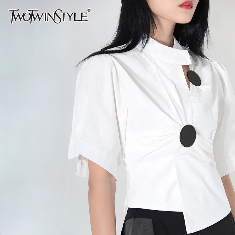 

TWOTWINSTYLE White Casual Cut Out Shirts Female Irregular Collar Short Sleeve Asymmetrical Korean Fashion Woman Blouses 2022 New