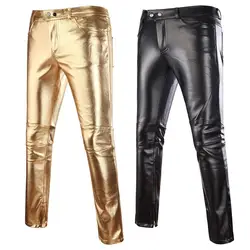 Mens Skinny Shiny Gold Silver Black PU Leather Pants Motorcycle Men Nightclub Stage Pants for Singers Dancers Casual Trousers