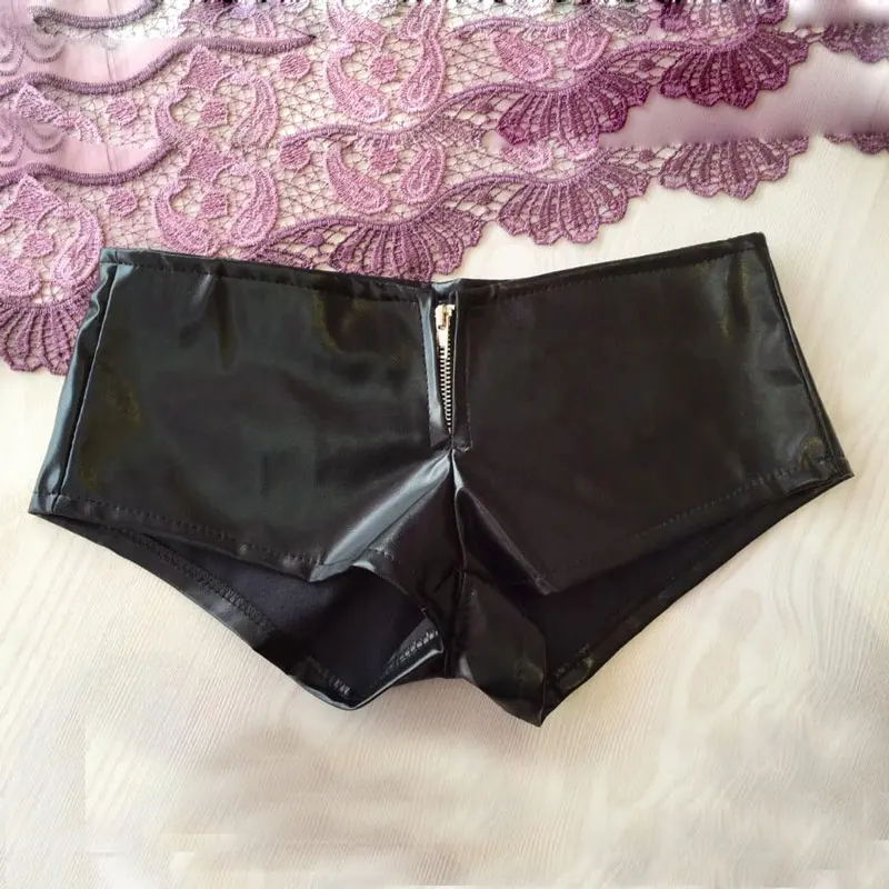 Mini shorts de couro sintético aberto com zíper, mini shorts sensual de couro aberto com cintura baixa pu e roupa noturna curta fx20, 1 peça