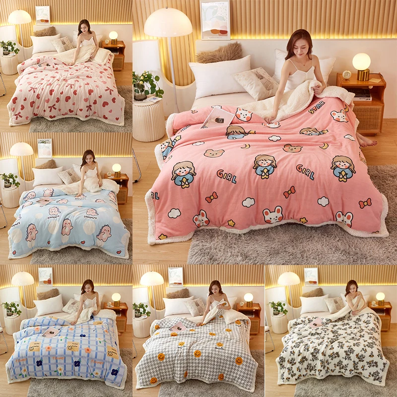 2021 Milk Velvet Multifunctional Blanket Autumn and Winter Thickened Warm Lamb Velvet Double Layer Cartoon Printing Blanket