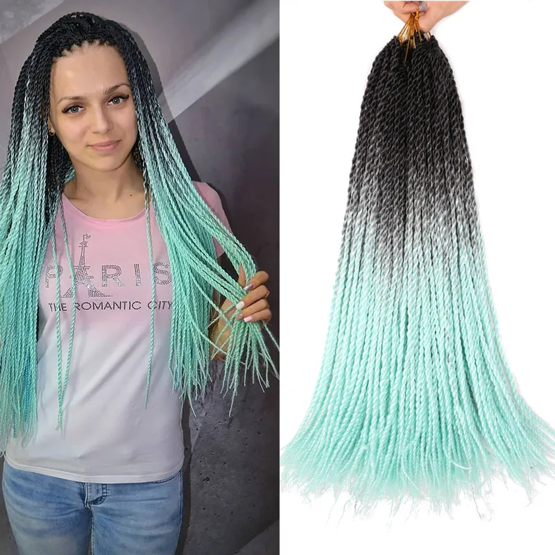 Pelo sintético de fibra de alta temperatura para mujer, 20 hebras senegalés, trenzas de ganchillo, ombré, azul, rosa, marrón