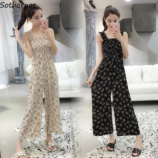 Jumpsuits Women Summer Chiffon Ankle length Sexy Elastic bust Elegant Korean Style Printed Slim Ladies Wide leg Leisure Strap