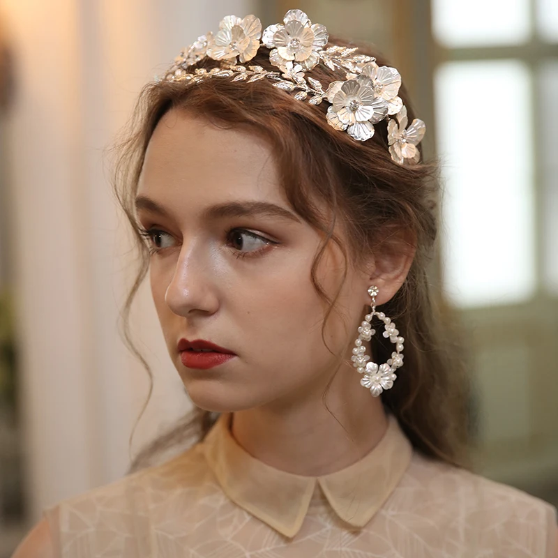 Big Floral Bridal Crown Hair Tiara Silver Color Leaf Wedding Headpiece Handmade Women Party Prom Hairband Hair Jewelry