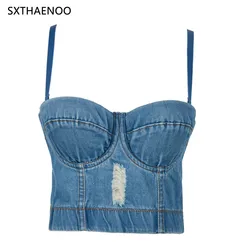 SXTHAEOO-데님 청바지, 여성 멜빵 버튼, 섹시하고 신선한 코르셋, 나이트 클럽 파티 쇼트 탑 베스트