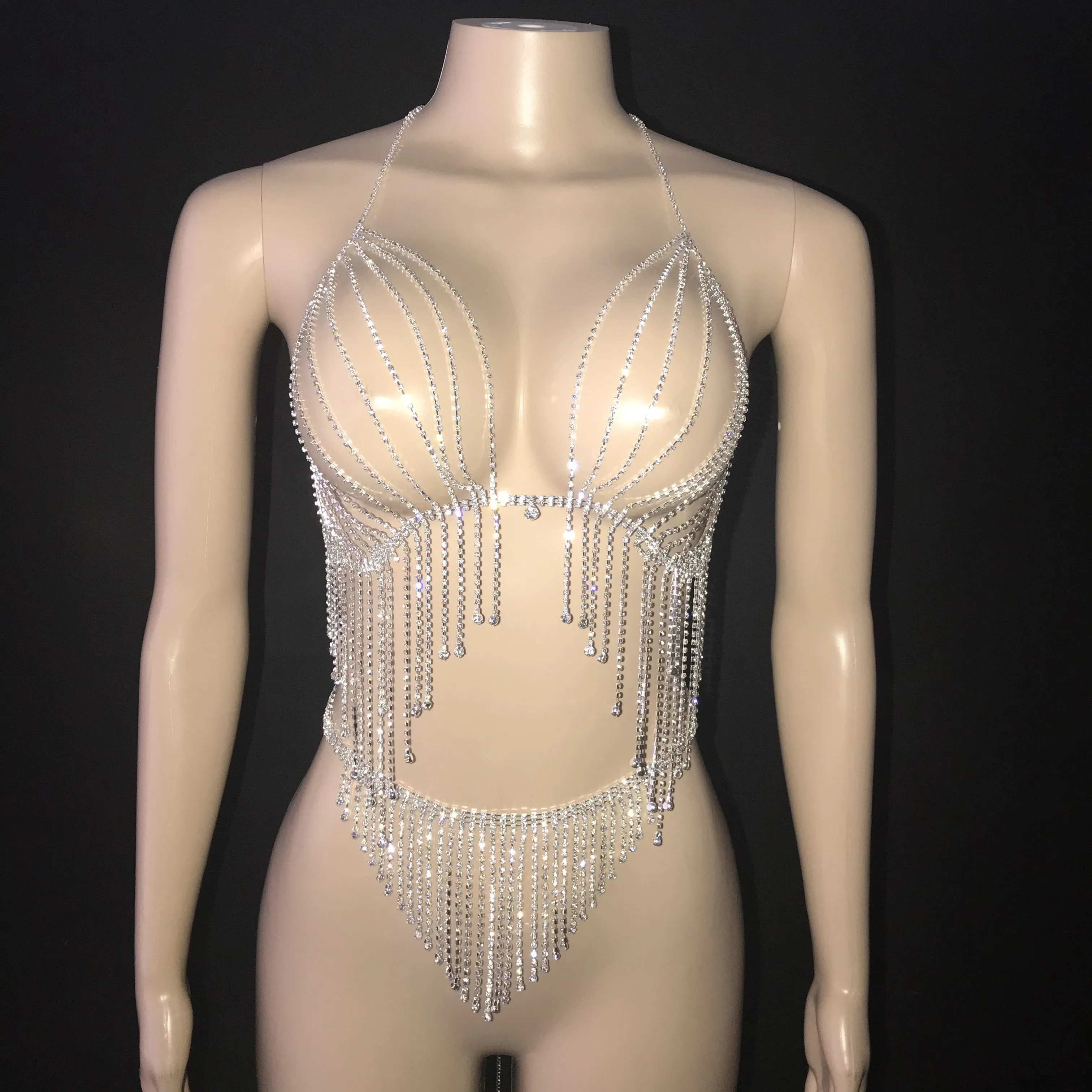 

Silver Rhinestones Chain Bra Short Birthday Underwear Bikini Fringe Outfit Set Women Singer Dancer Show Clothes Set