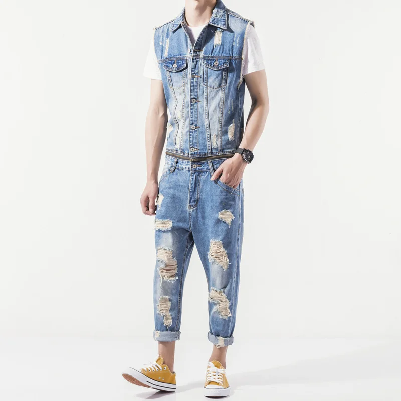 Summer Mens New Sleeveless Denim Jumpsuit Casual Cowboy Slim Fit Hole Ripped Romper Jeans Pants Male Zip One Piece Bib Overalls