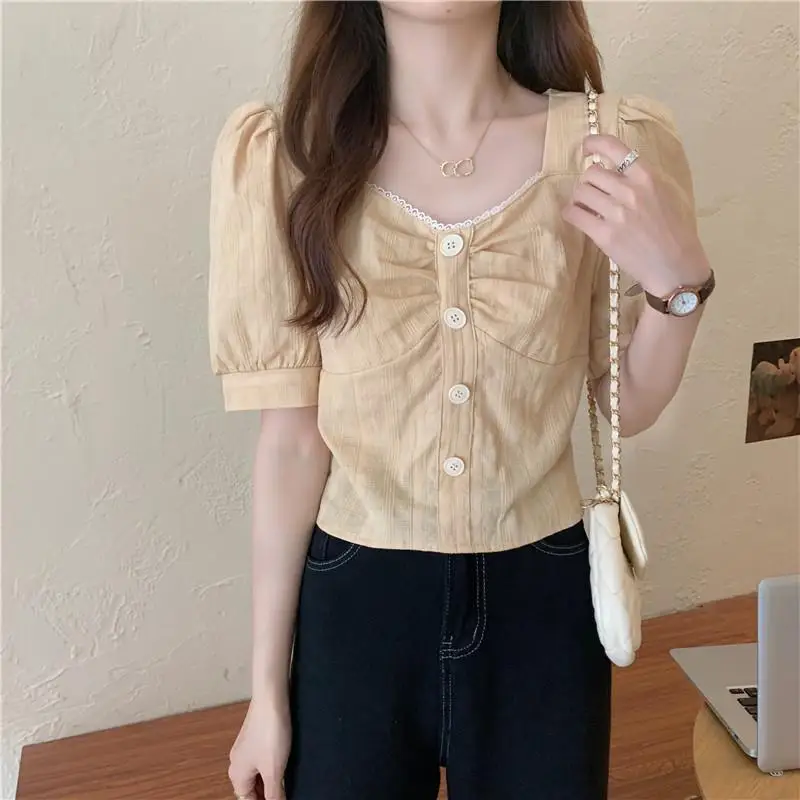 Blouses Women Summer Solid Simple Tops Students Sweet French Style Fashion New Button All-match Leisure Holiday Soft Puff-sleeve