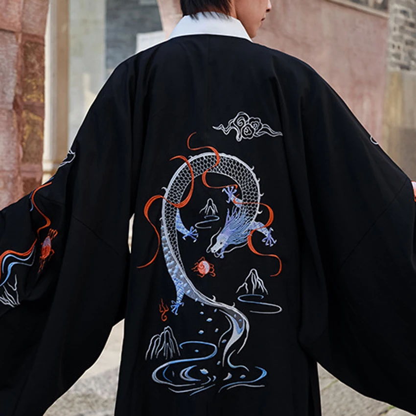 Japanese Kimono Samurai Man Set Dragon Print Harajuku Ancient Vintage Embroidery Traditional Clothing Yukata Cardigan Costume